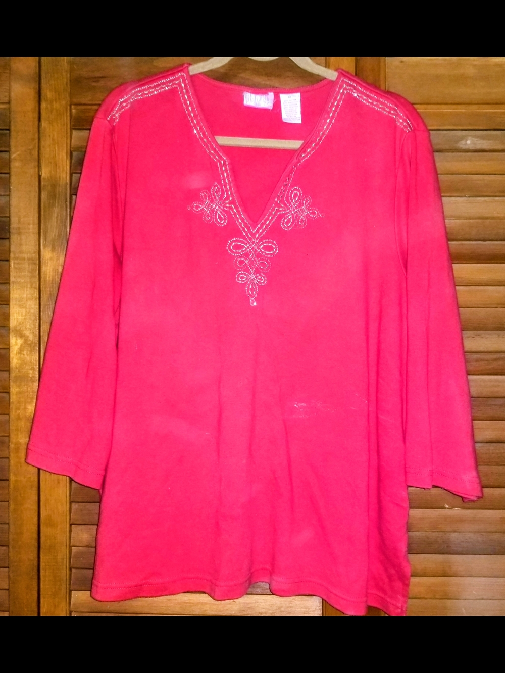 Embellished V-Neck Long-Sleeve Blouse - Redish Pink